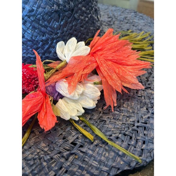 Vtg 1950\'s Women\'s Hand Woven Straw Hat Navy Blue With Hand Sewn Multi Colored main image 5